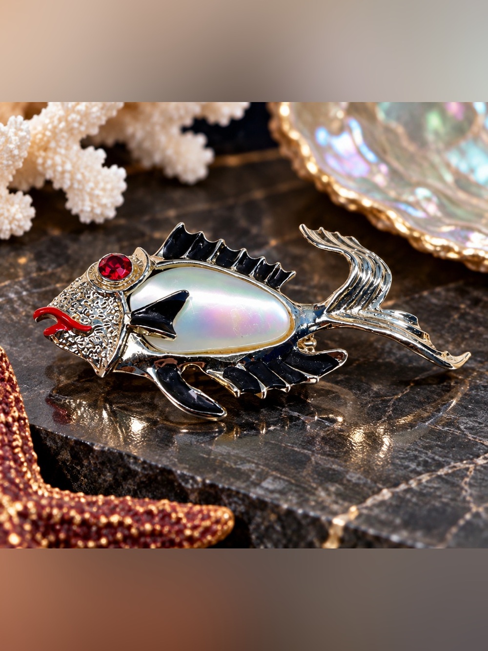 Vintage Figural Fish Brooch – Iridescent MOP – Rhinestone Eye – Enamel
